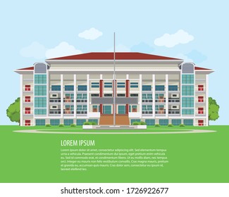 School Building And Front Yard With Green Grass. Landscape Horizontal Banner. Flat Vector Illustration.