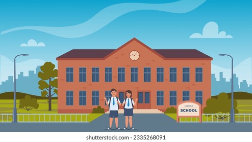 Construcción escolar y jardín delantero con pupilas felices. De vuelta al concepto escolar. Ilustración del vector