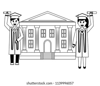school building and graduates man and woman