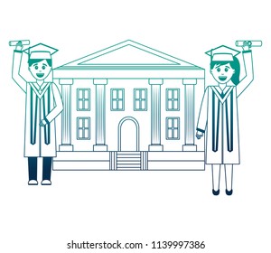 school building and graduates man and woman