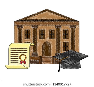 school building graduation hat and certificate