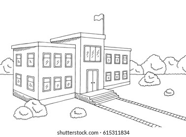 School Building Graphic Black White Sketch Illustration Vector