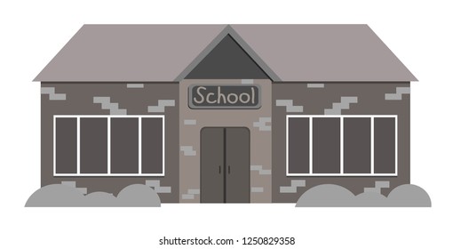 The school building is gray on a white background. Flat. Vector