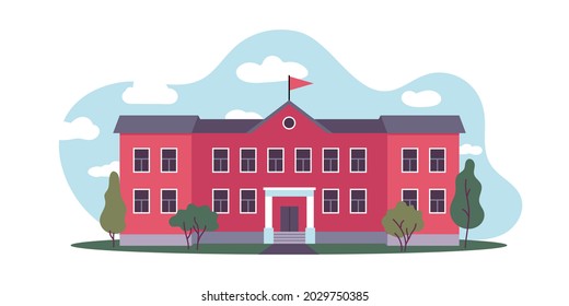School building with a green lawn. Icon. Education concept. Flat vector illustration isolated on white background.