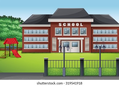 School building and green lawn illustration