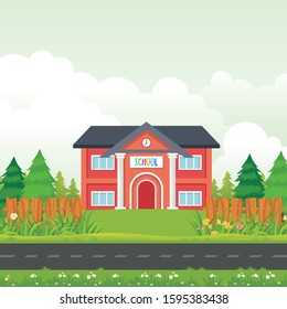 School Building with green scenery backyard and natural landscape, simple and adorable for kids background, book cover, banner and other 
