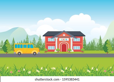 School Building with green scenery backyard and natural landscape, simple and adorable for kids background, book cover, banner and other 
