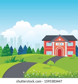 School Building with green scenery backyard and natural landscape, simple and adorable for kids background, book cover, banner and other 
