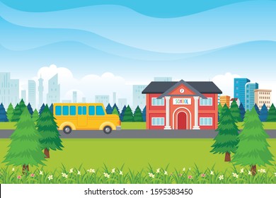School Building with green scenery backyard and natural landscape, simple and adorable for kids background, book cover, banner and other 

