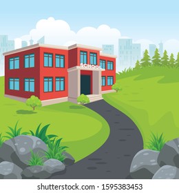 School Building with green scenery backyard and natural landscape, simple and adorable for kids background, book cover, banner and other 
