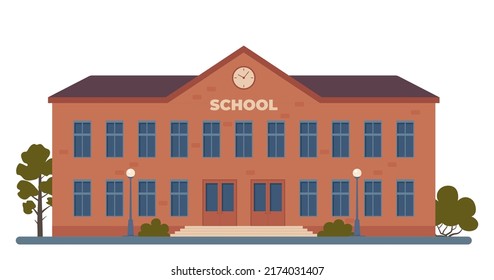 School building and green trees. Back to school concept. Vector illustration