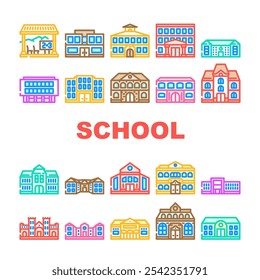 school building gymnasium icons set vector. classroom library, auditorium cafeteria, laboratory playground, hallway, entrance school building gymnasium color line illustrations