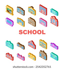 school building gymnasium icons set vector. classroom library, auditorium cafeteria, laboratory playground, hallway, entrance school building gymnasium isometric sign illustrations