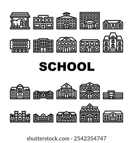 school building gymnasium icons set vector. classroom library, auditorium cafeteria, laboratory playground, hallway, entrance school building gymnasium black contour illustrations