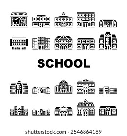 school building gymnasium icons set vector. classroom library, auditorium cafeteria, laboratory playground, hallway, entrance school building gymnasium glyph pictogram Illustrations