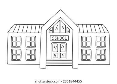 School building hand drawn doodle illustration black outline. Back to school theme element. 