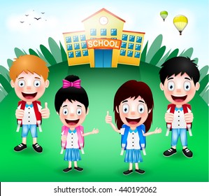  School Building with Happy Cute Little Kids Characters and Hot air Balloons. Vector Illustration 
