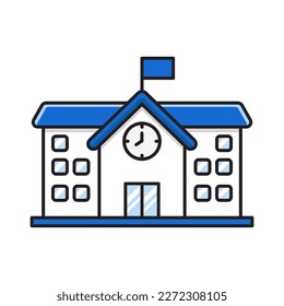Icono de construcción escolar de color azul y blanco aislado en fondo blanco