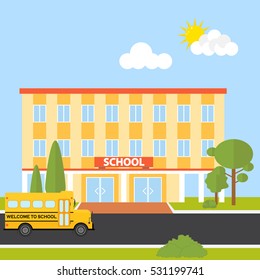 The school building, school building icon, bus, children, lessons. Flat design, vector.