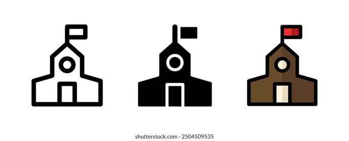 Icono de edificio escolar. Castillo con símbolo de bandera. Torre de cejas con Ilustración vectorial de Anuncio rojo. Pictograma de la universidad. Concepto de residencia o ayuntamiento aislado.