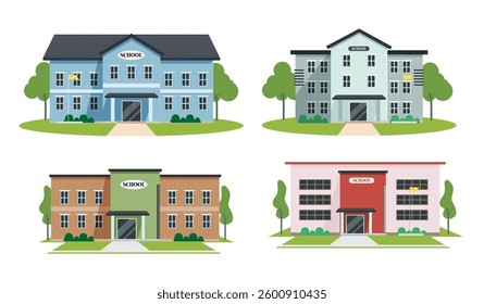 School building icon clip art set. School university and college building clip art for students and pupils learning classroom drawing collection vector illustration.  
