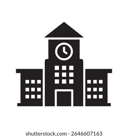 Ícone de construção de escola com torre de relógio representando faculdade universitária ou academia educacional para aprendizagem de estudantes e instituição de ensino superior vetor ícone de glifo sólido