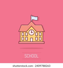 School building icon in comic style. College education vector cartoon illustration pictogram. Bank, government business concept splash effect.