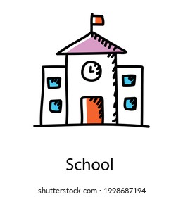 School Building Icon In Doodle Vector, Educational Institute 