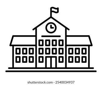 School building icon with flag and clock, representing education, learning, or academic institutions. Modern outline vector. Editable stroke