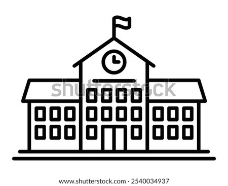 School building icon with flag and clock, representing education, learning, or academic institutions. Modern outline vector. Editable stroke