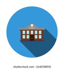 School Building Icon. Flat Circle Stencil Design With Long Shadow. Vector Illustration.