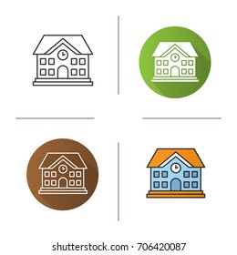 School building icon. Flat design, linear and color styles. University. Isolated vector illustrations