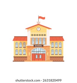 School building icon in flat style. Modern exterior. Isolated clip art on white background. Perfect for education themes or Back to School concept. Front view. Elementary or high school. Vector.