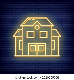 School building icon glow neon style, educational institution process, back to school outline flat vector illustration, isolated on black. Concept supplies symbol, community college.