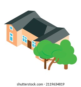 School building icon isometric vector. Large modern educational institution icon. Schoolhouse and deciduous green tree