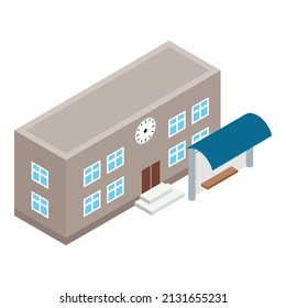 School building icon isometric vector. Bus stop near modern school icon. Two story education building, schoolhouse, social infrastructure