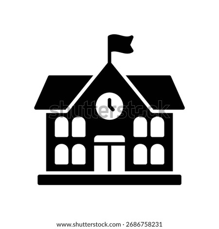 School building icon for learning place with flag and clock