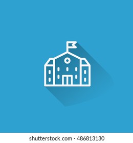 School building icon  with  long shadow on blue background.Flat design