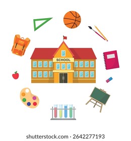 School building icon with objects on white background. Board, paints, ruler, basketball and more.