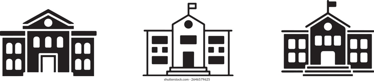 Conjunto de iconos de edificios escolares de Educación de estilo plano, universidad y estructura de gobierno en línea y estilo de Vector de silueta sobre fondo blanco