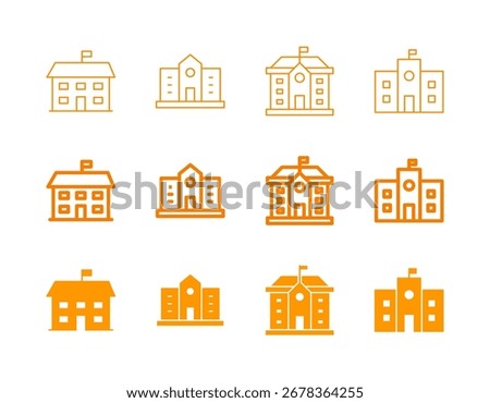 School Building Icon Set in Flat Solid Bold Line and Thin Line Style for Education and Institution Symbols