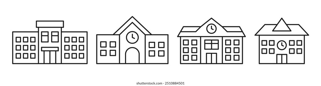 Conjunto de ícones do prédio da escola. Estilo linear. Ilustração vetorial.