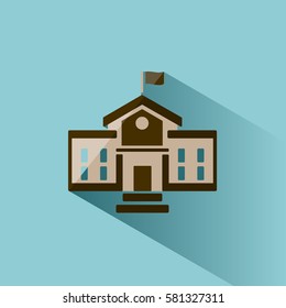 School building icon with shadow on blue background