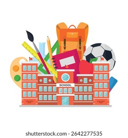 School building icon with school supplies in the background. Notebook, backpack, paints and more.