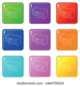 School building icons set 9 color collection isolated on white for any design