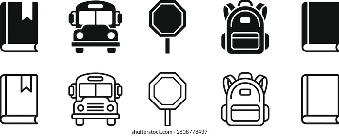 school building icons set with vector graduation, bus, sign, backpack and book symbols