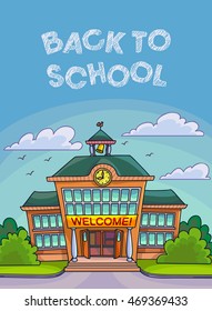 School building illustration for banner or poster design. Cartoon style vector illustration.