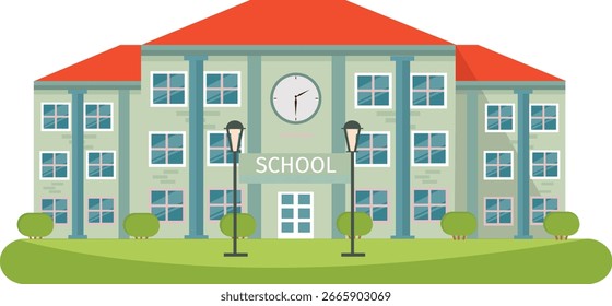 Ilustración de edificio de la escuela con hierba 