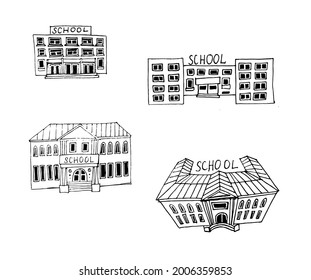 School building illustration in hand drawn style. Vector set of logo design templates and signs for identity, business cards and packaging.