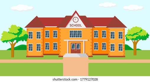 School building illustration with landscape in flat style